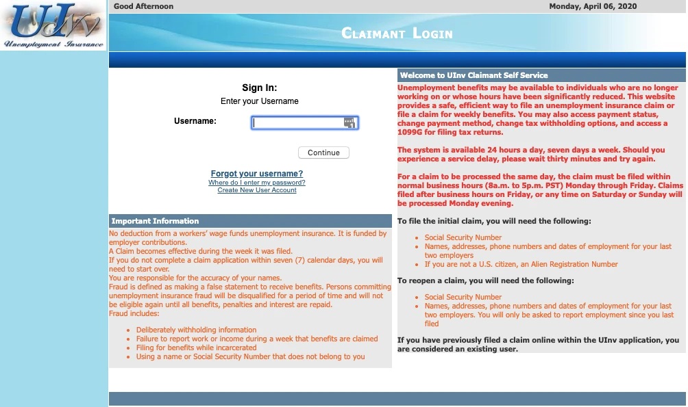Screenshot of the Nevada unemployment filing website from April 6, 2020