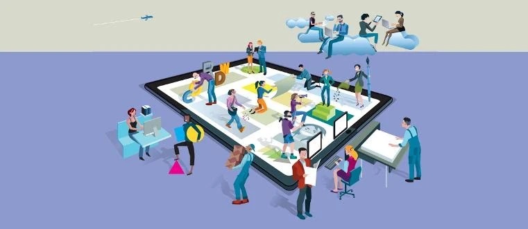 A graphic of people working with various devices on top of a tablet and sitting in clouds