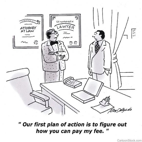 A cartoon of a lawyer speaking to a client. The caption says "Our first plan of action is to figure out how you can pay my fee."