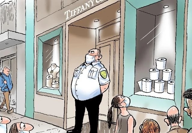A cartoon of a guard standing in front of a window display of toilet paper in a Tiffany jewelry store while a crowd of people, some wearing masks, admire the display. Image credit Mark Knight