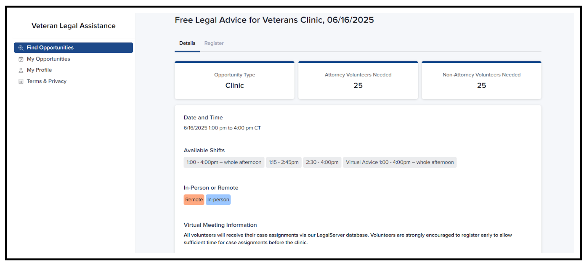 A screenshot of the volunteer user's view of a pro bono opportunity's Details. This view is also accessible from the portal's dedicated Find Opportunities page.